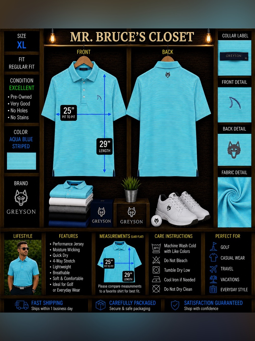 Greyson Aqua Blue Striped Men’s Polo